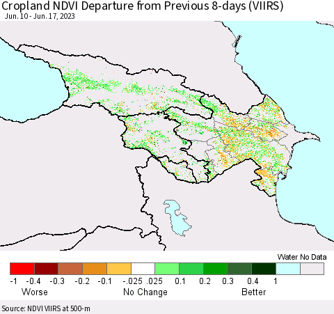 Azerbaijan, Armenia and Georgia Cropland NDVI Departure from Previous 8-days (VIIRS) Thematic Map For 6/10/2023 - 6/17/2023