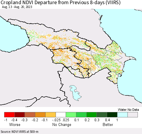 Azerbaijan, Armenia and Georgia Cropland NDVI Departure from Previous 8-days (VIIRS) Thematic Map For 8/13/2023 - 8/20/2023