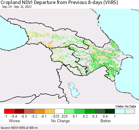 Azerbaijan, Armenia and Georgia Cropland NDVI Departure from Previous 8-days (VIIRS) Thematic Map For 9/14/2023 - 9/21/2023