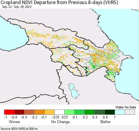 Azerbaijan, Armenia and Georgia Cropland NDVI Departure from Previous 8-days (VIIRS) Thematic Map For 9/22/2023 - 9/29/2023