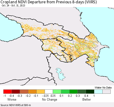 Azerbaijan, Armenia and Georgia Cropland NDVI Departure from Previous 8-days (VIIRS) Thematic Map For 10/24/2023 - 10/31/2023