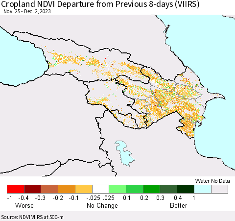 Azerbaijan, Armenia and Georgia Cropland NDVI Departure from Previous 8-days (VIIRS) Thematic Map For 11/25/2023 - 12/2/2023