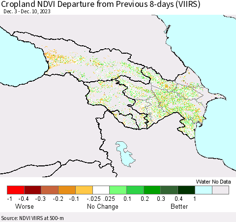 Azerbaijan, Armenia and Georgia Cropland NDVI Departure from Previous 8-days (VIIRS) Thematic Map For 12/3/2023 - 12/10/2023