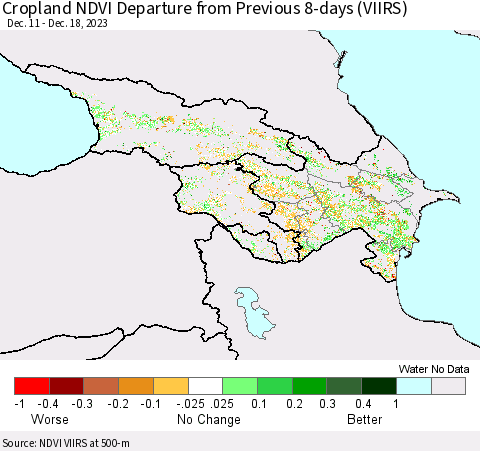 Azerbaijan, Armenia and Georgia Cropland NDVI Departure from Previous 8-days (VIIRS) Thematic Map For 12/11/2023 - 12/18/2023