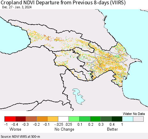 Azerbaijan, Armenia and Georgia Cropland NDVI Departure from Previous 8-days (VIIRS) Thematic Map For 12/27/2023 - 1/3/2024