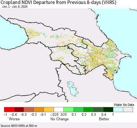 Azerbaijan, Armenia and Georgia Cropland NDVI Departure from Previous 8-days (VIIRS) Thematic Map For 1/1/2024 - 1/8/2024