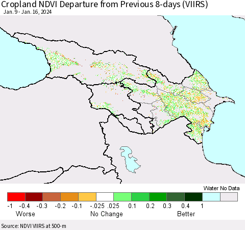 Azerbaijan, Armenia and Georgia Cropland NDVI Departure from Previous 8-days (VIIRS) Thematic Map For 1/9/2024 - 1/16/2024
