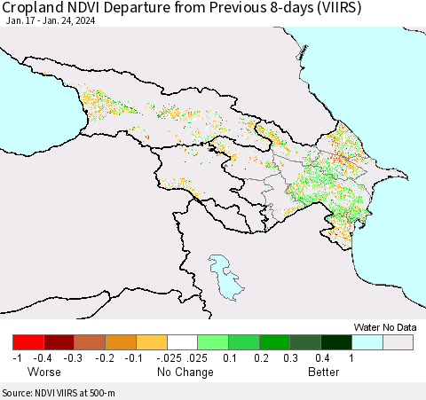 Azerbaijan, Armenia and Georgia Cropland NDVI Departure from Previous 8-days (VIIRS) Thematic Map For 1/17/2024 - 1/24/2024