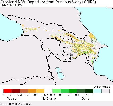 Azerbaijan, Armenia and Georgia Cropland NDVI Departure from Previous 8-days (VIIRS) Thematic Map For 2/2/2024 - 2/9/2024