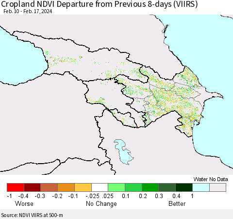 Azerbaijan, Armenia and Georgia Cropland NDVI Departure from Previous 8-days (VIIRS) Thematic Map For 2/10/2024 - 2/17/2024