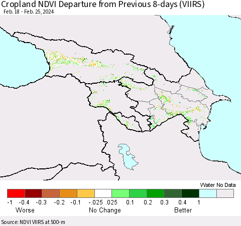 Azerbaijan, Armenia and Georgia Cropland NDVI Departure from Previous 8-days (VIIRS) Thematic Map For 2/18/2024 - 2/25/2024
