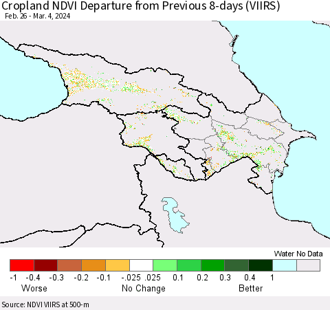 Azerbaijan, Armenia and Georgia Cropland NDVI Departure from Previous 8-days (VIIRS) Thematic Map For 2/26/2024 - 3/4/2024