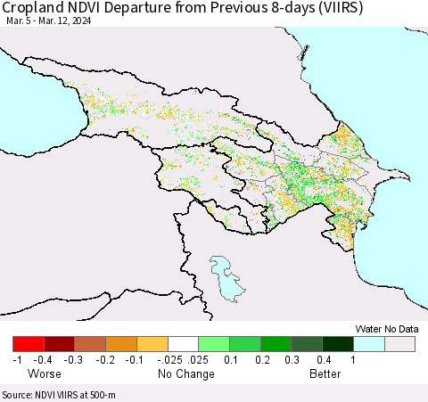 Azerbaijan, Armenia and Georgia Cropland NDVI Departure from Previous 8-days (VIIRS) Thematic Map For 3/5/2024 - 3/12/2024