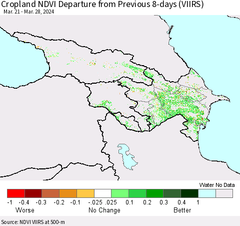 Azerbaijan, Armenia and Georgia Cropland NDVI Departure from Previous 8-days (VIIRS) Thematic Map For 3/21/2024 - 3/28/2024