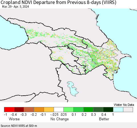 Azerbaijan, Armenia and Georgia Cropland NDVI Departure from Previous 8-days (VIIRS) Thematic Map For 3/29/2024 - 4/5/2024