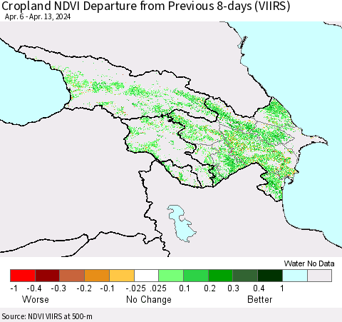 Azerbaijan, Armenia and Georgia Cropland NDVI Departure from Previous 8-days (VIIRS) Thematic Map For 4/6/2024 - 4/13/2024