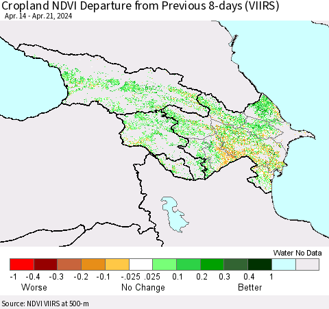 Azerbaijan, Armenia and Georgia Cropland NDVI Departure from Previous 8-days (VIIRS) Thematic Map For 4/14/2024 - 4/21/2024