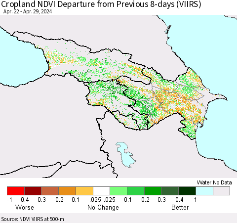 Azerbaijan, Armenia and Georgia Cropland NDVI Departure from Previous 8-days (VIIRS) Thematic Map For 4/22/2024 - 4/29/2024