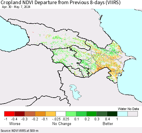 Azerbaijan, Armenia and Georgia Cropland NDVI Departure from Previous 8-days (VIIRS) Thematic Map For 4/30/2024 - 5/7/2024