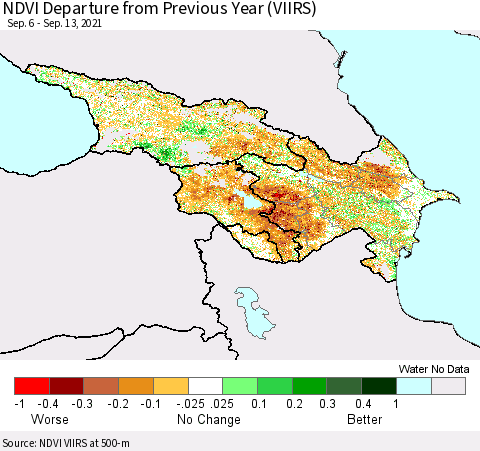 Azerbaijan, Armenia and Georgia NDVI Departure from Previous Year (VIIRS) Thematic Map For 9/6/2021 - 9/13/2021