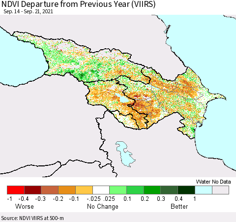 Azerbaijan, Armenia and Georgia NDVI Departure from Previous Year (VIIRS) Thematic Map For 9/14/2021 - 9/21/2021