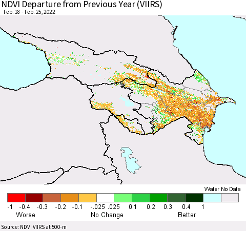 Azerbaijan, Armenia and Georgia NDVI Departure from Previous Year (VIIRS) Thematic Map For 2/18/2022 - 2/25/2022