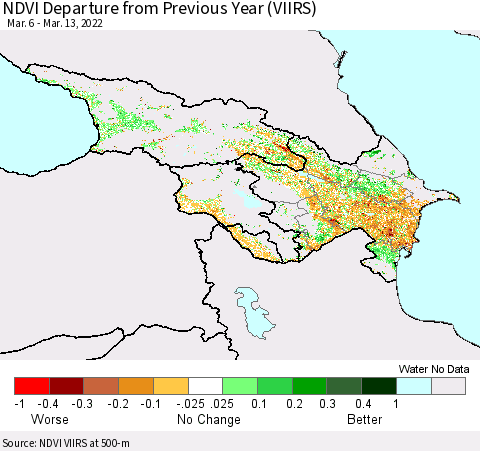 Azerbaijan, Armenia and Georgia NDVI Departure from Previous Year (VIIRS) Thematic Map For 3/6/2022 - 3/13/2022
