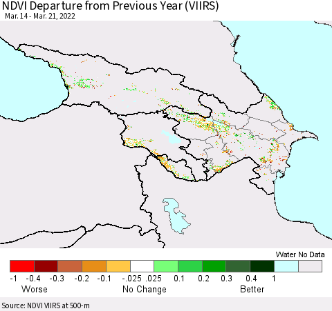 Azerbaijan, Armenia and Georgia NDVI Departure from Previous Year (VIIRS) Thematic Map For 3/14/2022 - 3/21/2022
