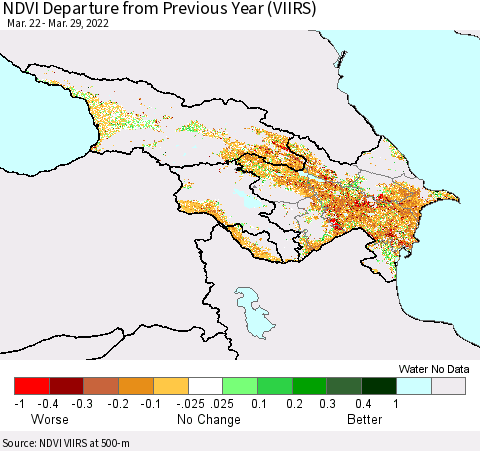 Azerbaijan, Armenia and Georgia NDVI Departure from Previous Year (VIIRS) Thematic Map For 3/22/2022 - 3/29/2022