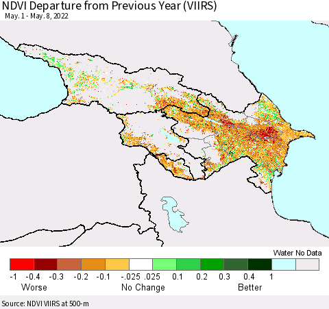 Azerbaijan, Armenia and Georgia NDVI Departure from Previous Year (VIIRS) Thematic Map For 5/1/2022 - 5/8/2022