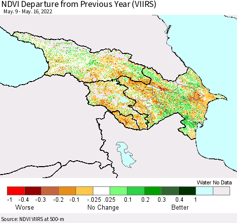 Azerbaijan, Armenia and Georgia NDVI Departure from Previous Year (VIIRS) Thematic Map For 5/9/2022 - 5/16/2022