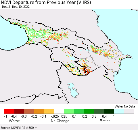Azerbaijan, Armenia and Georgia NDVI Departure from Previous Year (VIIRS) Thematic Map For 12/3/2022 - 12/10/2022