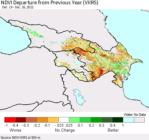 Azerbaijan, Armenia and Georgia NDVI Departure from Previous Year (VIIRS) Thematic Map For 12/19/2022 - 12/26/2022