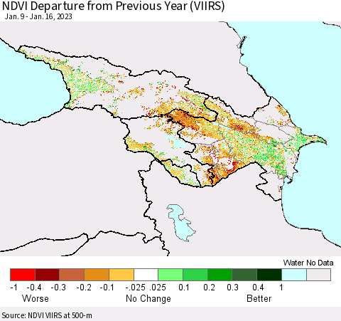 Azerbaijan, Armenia and Georgia NDVI Departure from Previous Year (VIIRS) Thematic Map For 1/9/2023 - 1/16/2023