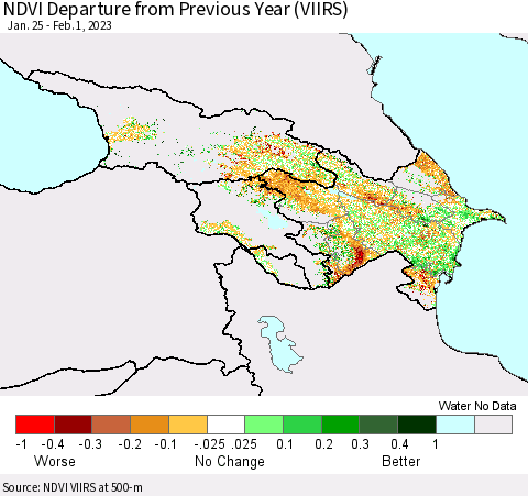 Azerbaijan, Armenia and Georgia NDVI Departure from Previous Year (VIIRS) Thematic Map For 1/25/2023 - 2/1/2023