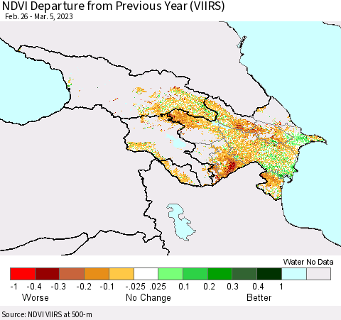 Azerbaijan, Armenia and Georgia NDVI Departure from Previous Year (VIIRS) Thematic Map For 2/26/2023 - 3/5/2023