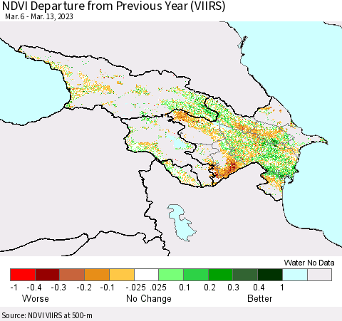 Azerbaijan, Armenia and Georgia NDVI Departure from Previous Year (VIIRS) Thematic Map For 3/6/2023 - 3/13/2023