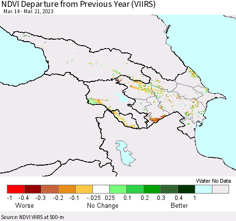 Azerbaijan, Armenia and Georgia NDVI Departure from Previous Year (VIIRS) Thematic Map For 3/14/2023 - 3/21/2023