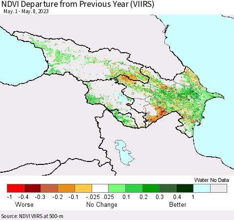 Azerbaijan, Armenia and Georgia NDVI Departure from Previous Year (VIIRS) Thematic Map For 5/1/2023 - 5/8/2023