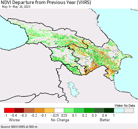 Azerbaijan, Armenia and Georgia NDVI Departure from Previous Year (VIIRS) Thematic Map For 5/9/2023 - 5/16/2023
