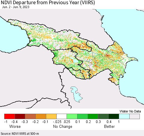 Azerbaijan, Armenia and Georgia NDVI Departure from Previous Year (VIIRS) Thematic Map For 6/2/2023 - 6/9/2023