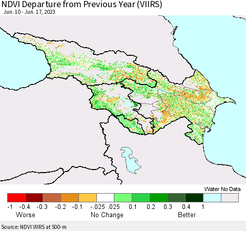 Azerbaijan, Armenia and Georgia NDVI Departure from Previous Year (VIIRS) Thematic Map For 6/10/2023 - 6/17/2023