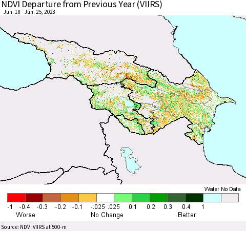 Azerbaijan, Armenia and Georgia NDVI Departure from Previous Year (VIIRS) Thematic Map For 6/18/2023 - 6/25/2023