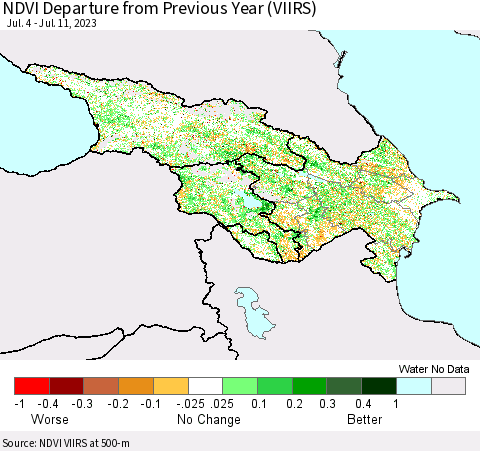Azerbaijan, Armenia and Georgia NDVI Departure from Previous Year (VIIRS) Thematic Map For 7/4/2023 - 7/11/2023