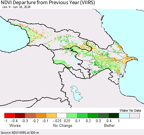 Azerbaijan, Armenia and Georgia NDVI Departure from Previous Year (VIIRS) Thematic Map For 1/9/2024 - 1/16/2024