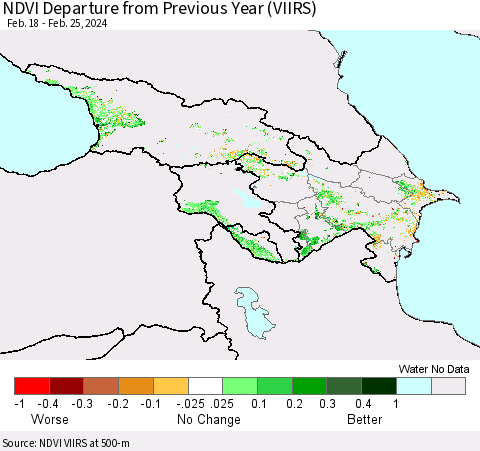 Azerbaijan, Armenia and Georgia NDVI Departure from Previous Year (VIIRS) Thematic Map For 2/18/2024 - 2/25/2024