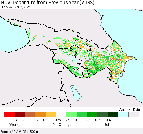 Azerbaijan, Armenia and Georgia NDVI Departure from Previous Year (VIIRS) Thematic Map For 2/26/2024 - 3/4/2024