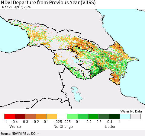 Azerbaijan, Armenia and Georgia NDVI Departure from Previous Year (VIIRS) Thematic Map For 3/29/2024 - 4/5/2024