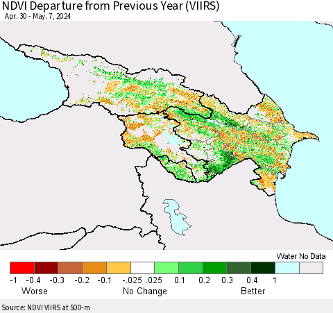 Azerbaijan, Armenia and Georgia NDVI Departure from Previous Year (VIIRS) Thematic Map For 4/30/2024 - 5/7/2024