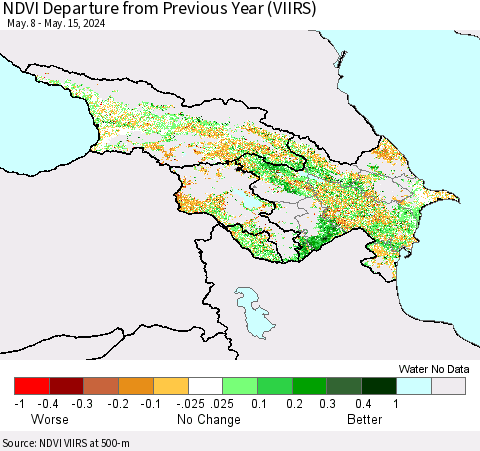 Azerbaijan, Armenia and Georgia NDVI Departure from Previous Year (VIIRS) Thematic Map For 5/8/2024 - 5/15/2024